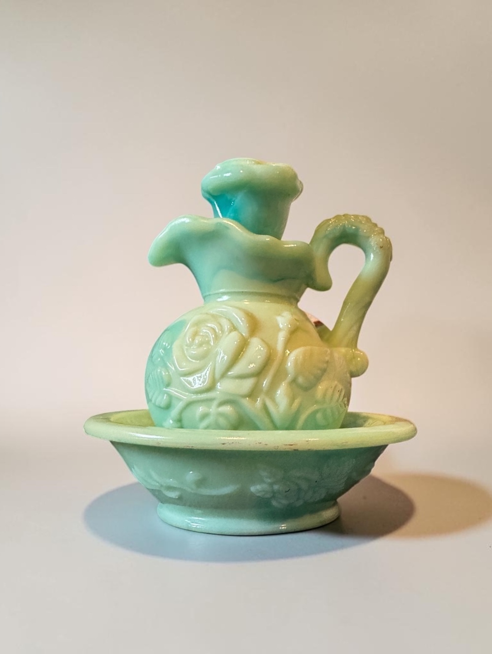 Vintage Avon Green Milk Glass Bath Oil Decanter and Bowl Set with Embossed Mark